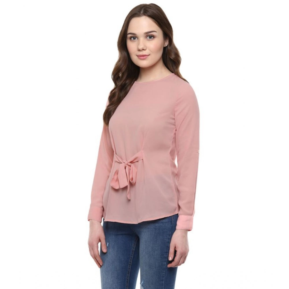 Women'S Polyester Solid Long Sleeves Regular Top (Pink)