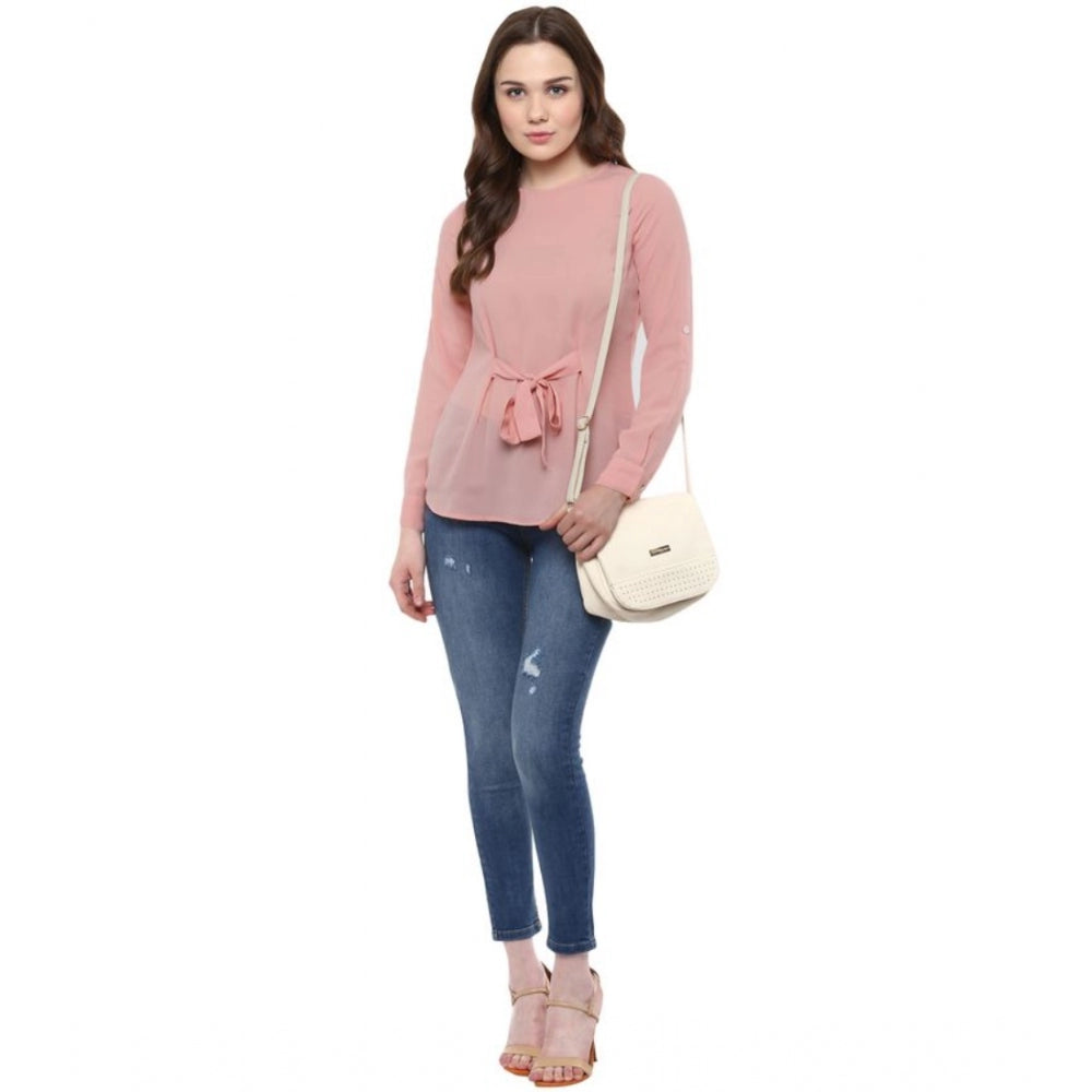 Women'S Polyester Solid Long Sleeves Regular Top (Pink)