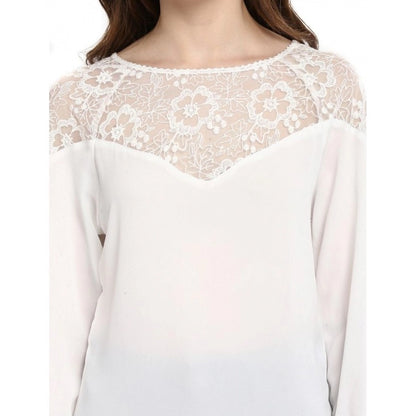 Women's Polyester Georgette Self Design 3-4th Sleeves Regular Top (White)
