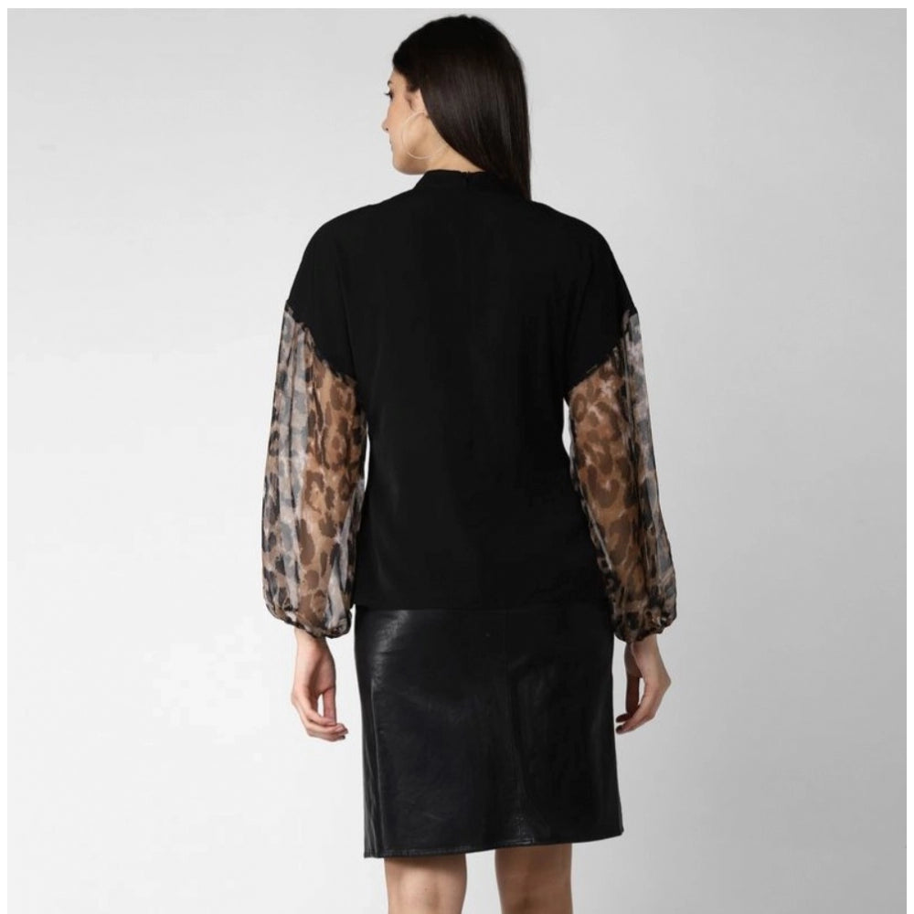 Women'S Polyester Animal Print Long Sleeves Top (Black)