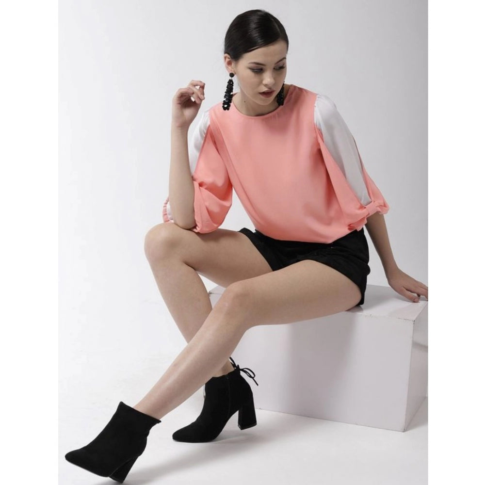 Women'S Polyester Colour Block Slit Sleeve Top (Pink)