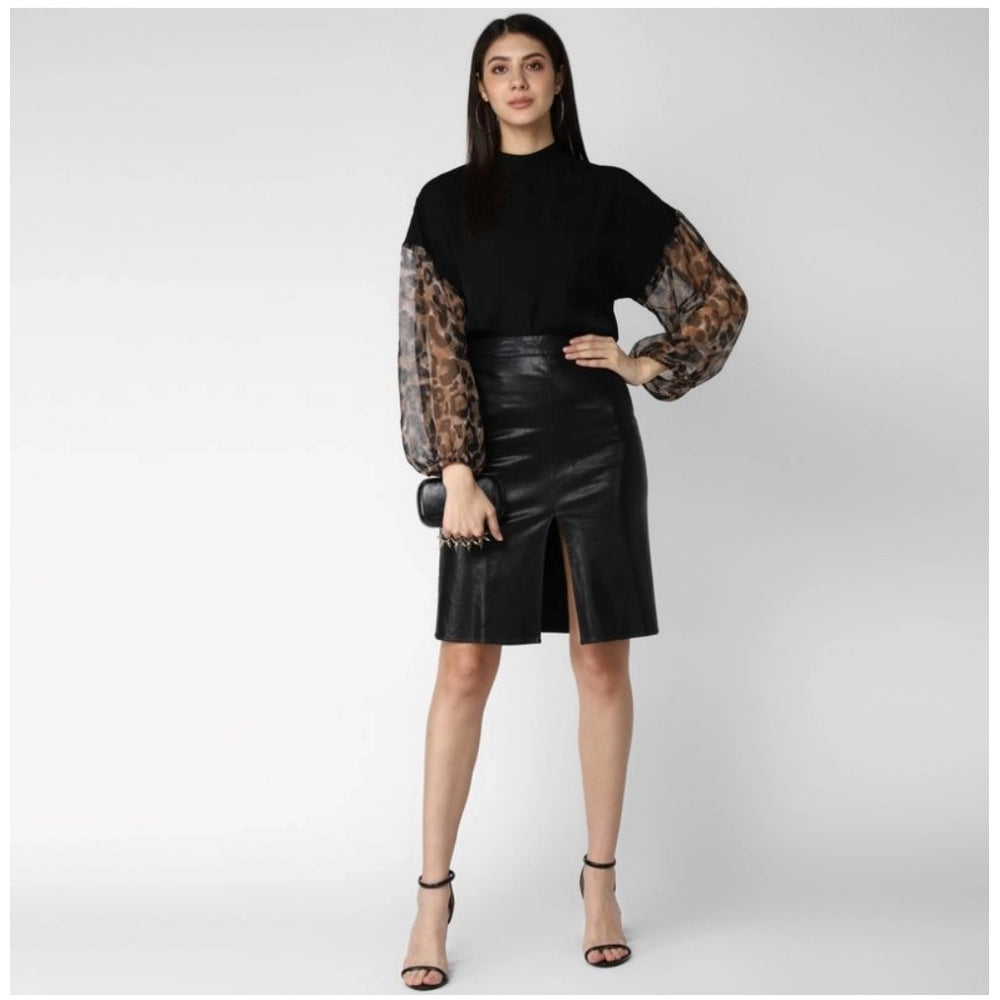 Women'S Polyester Animal Print Long Sleeves Top (Black)