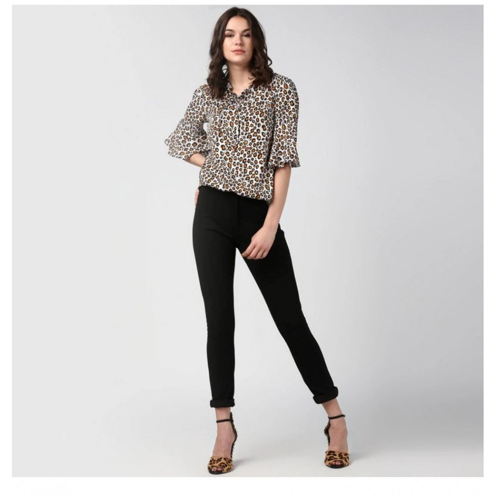 Women'S Polyester Animal Print Bell Sleeve Top (Orange - Black