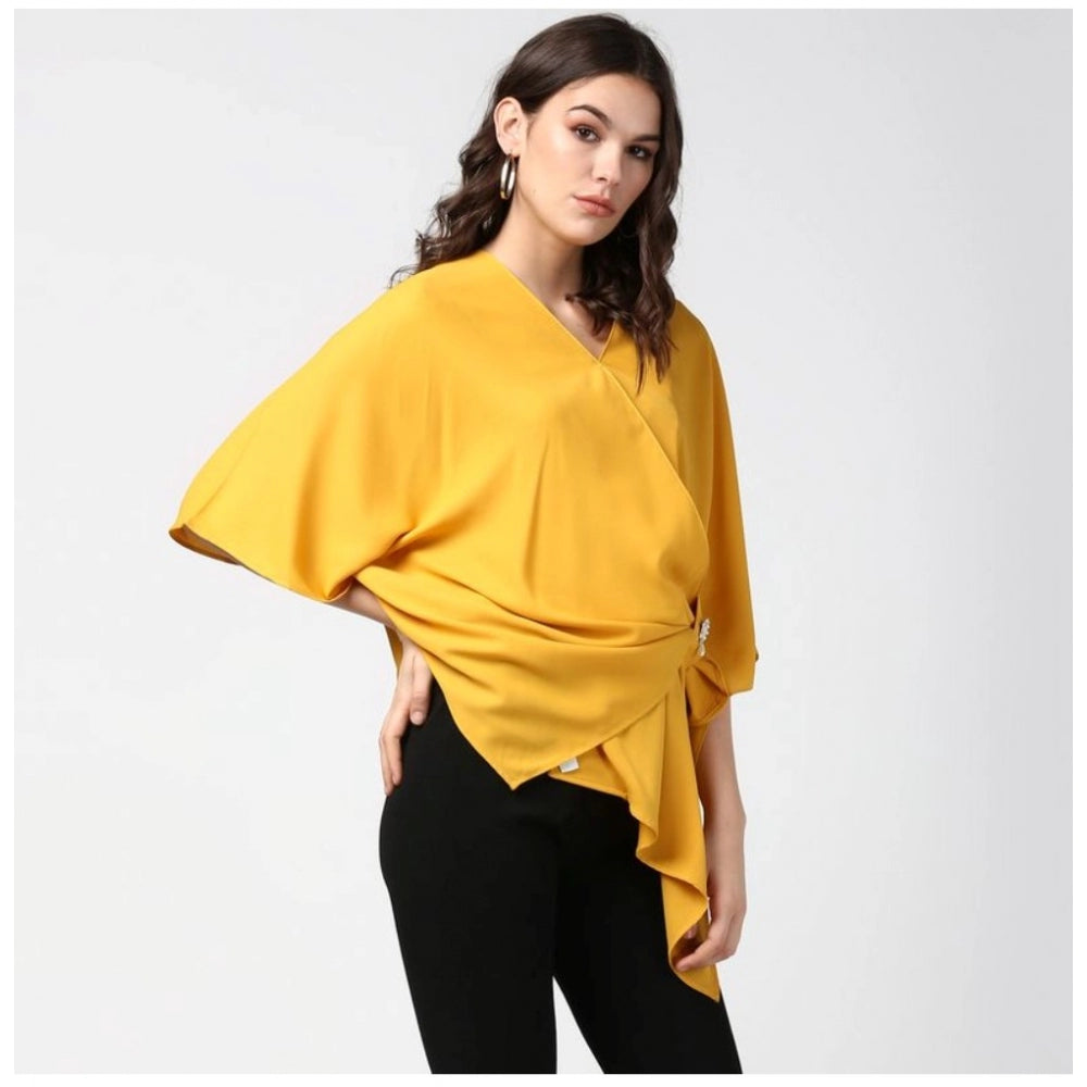 Women'S Polyester Solid Cape Sleeve Top (Yellow)