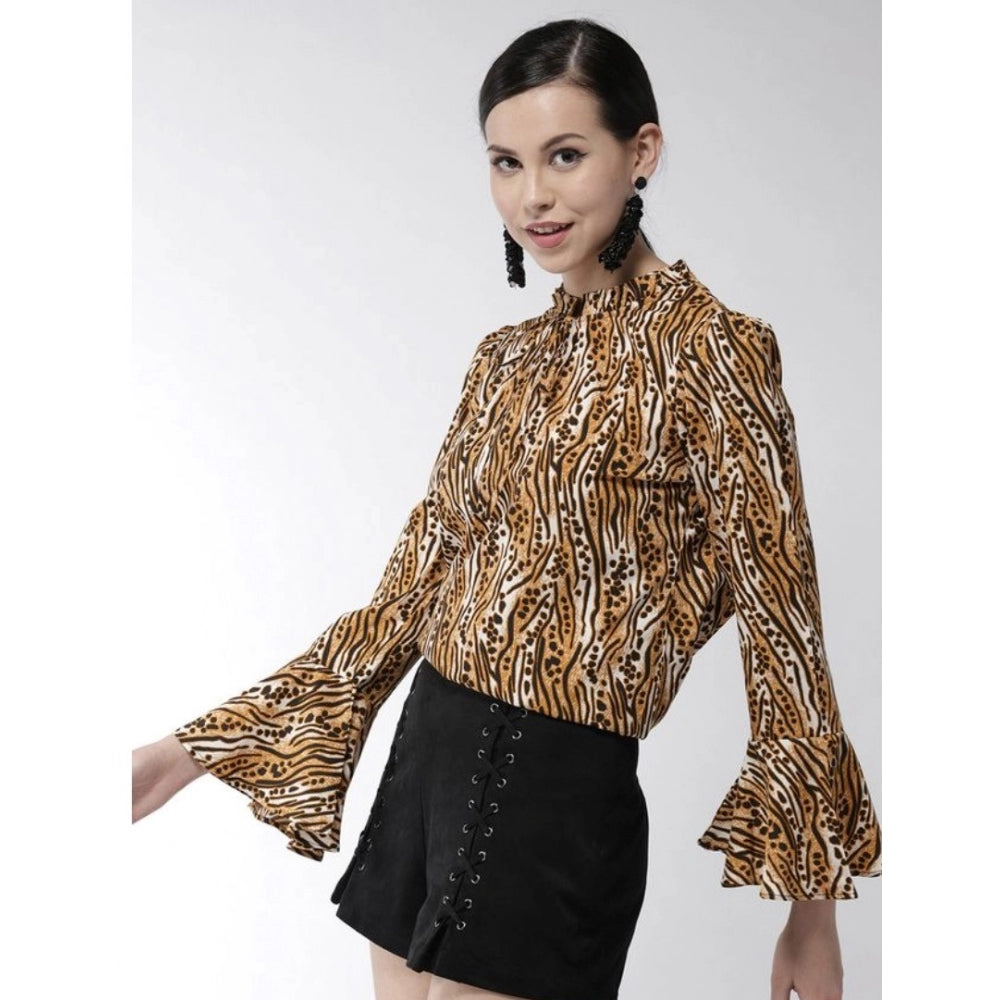 Women'S Polyester Printed Bell Sleeve Top (Orange - Black)