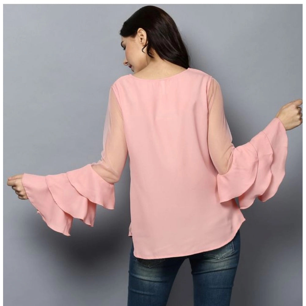 Women'S Polyester Solid Tier Sleeve Top (Pink)