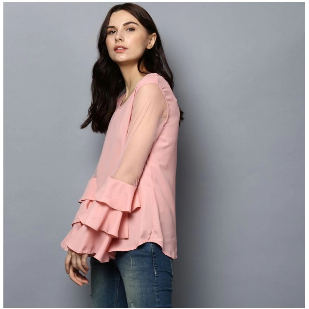 Women'S Polyester Solid Tier Sleeve Top (Pink)