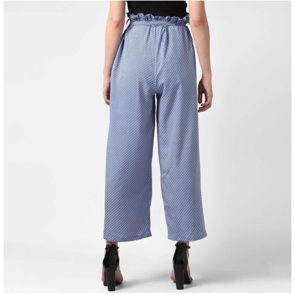 Women'S Polyester Striped Elasticated Trousers (Blue)