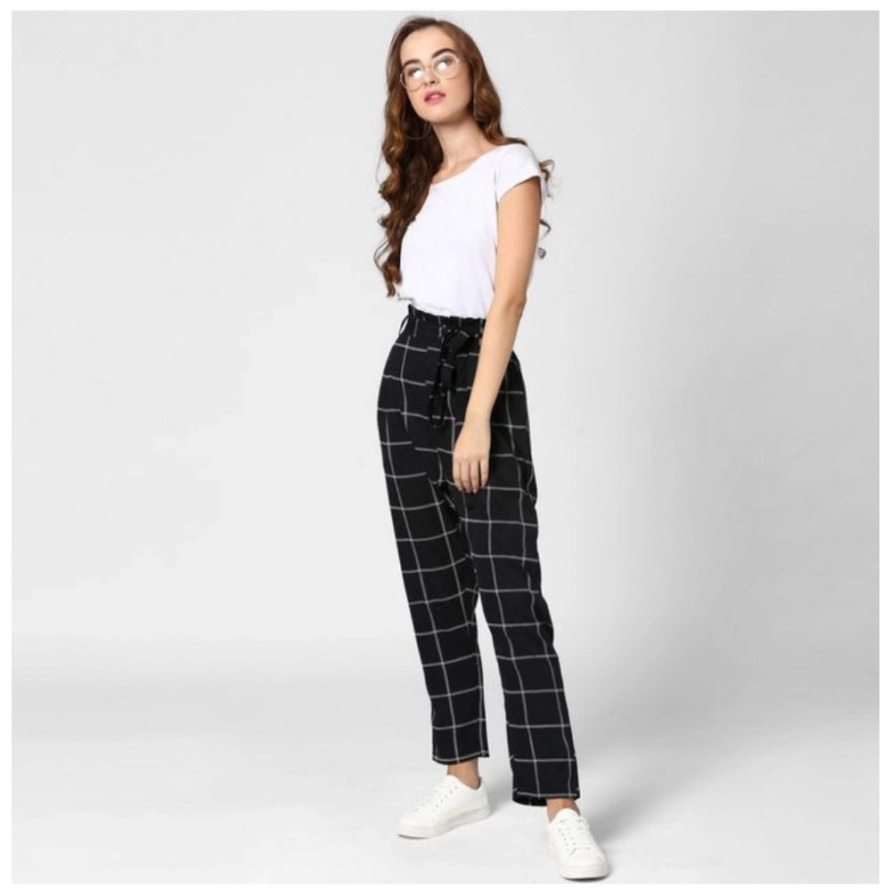 Women'S Polyester Checkered Elasticated Trousers (Black - Whit