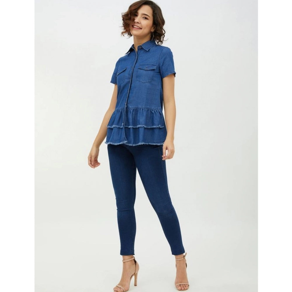 Women'S Denim Peplum Short Sleeve Top (Blue)