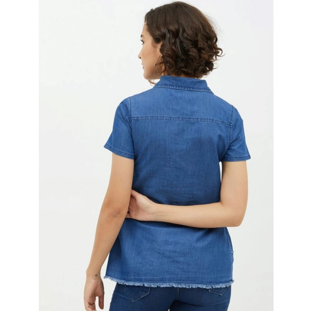 Women'S Denim Peplum Short Sleeve Top (Blue)
