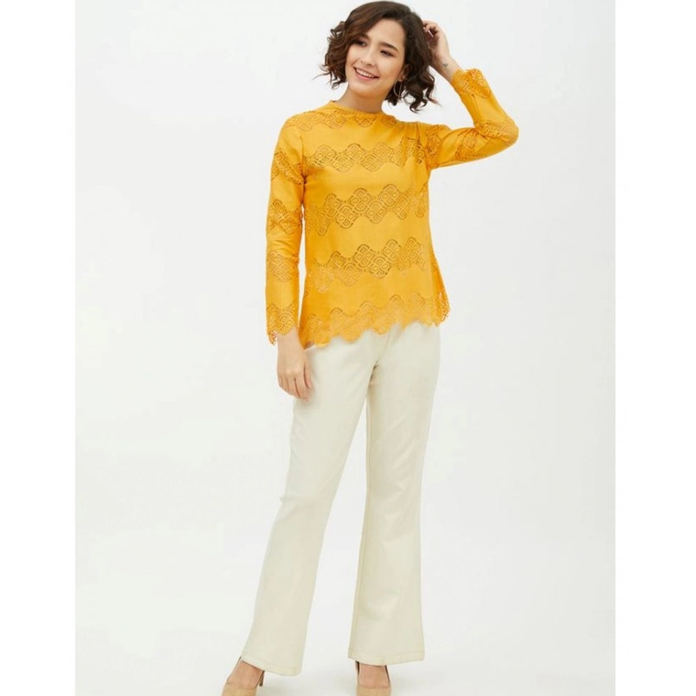 Women'S Cotton Lace Inserts Long Sleeves Top (Yellow)