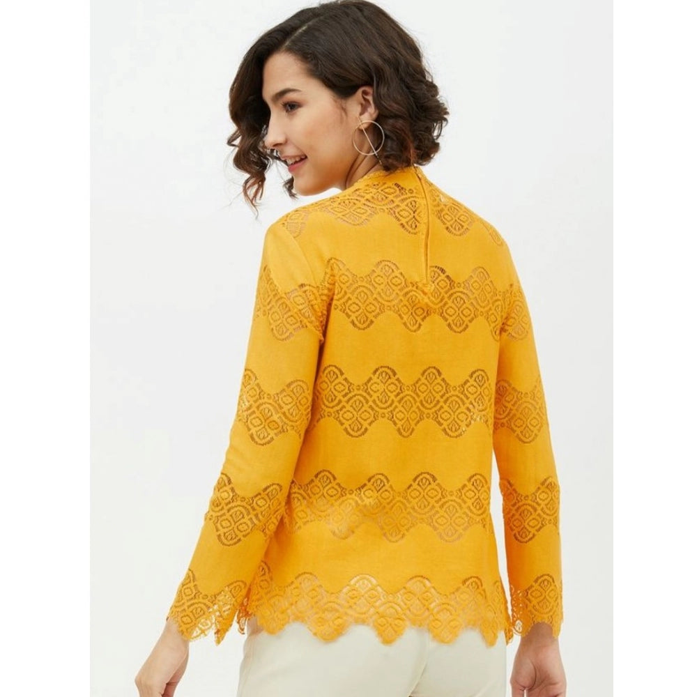 Women'S Cotton Lace Inserts Long Sleeves Top (Yellow)