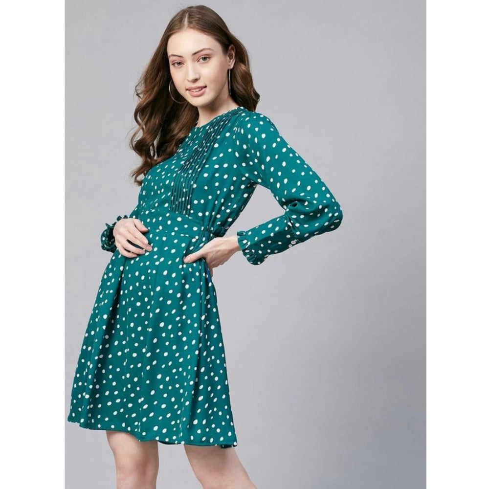 Women'S Polyester Polka Long Sleeves Above Knee Dress (Green