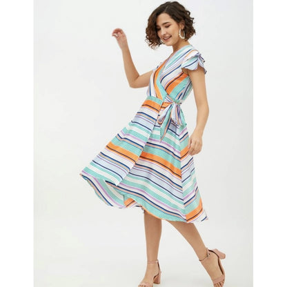 Women's Satin Striped Short Sleeve Knee-Length Dress (Multicolor)