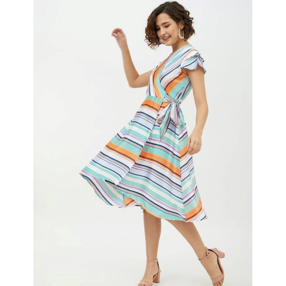 Women'S Satin Striped Short Sleeve Knee-Length Dress (Multicol