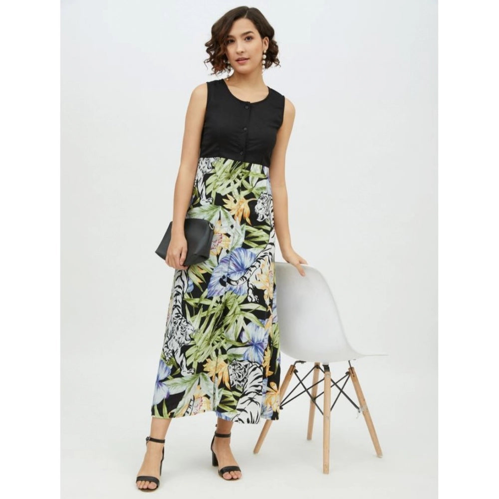 Women'S Rayon Floral Sleeveless Calf-Length Dress (Multicolor)