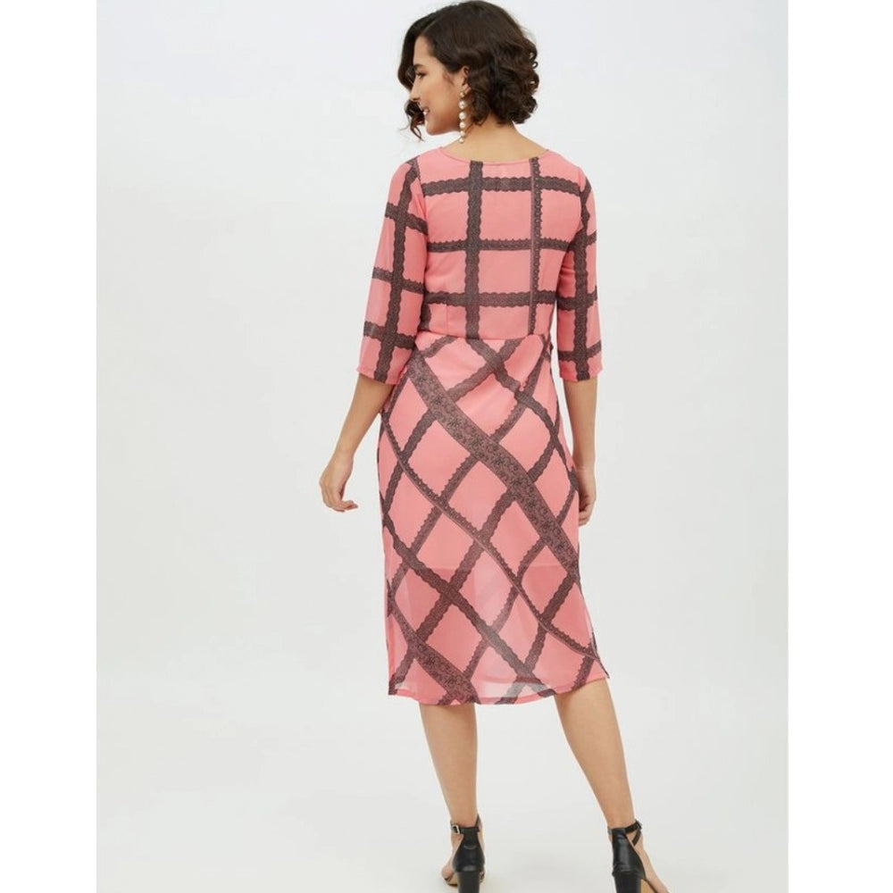 Women'S Polyester Checkered 3-4Th Sleeves Below Knee Dress (Pi