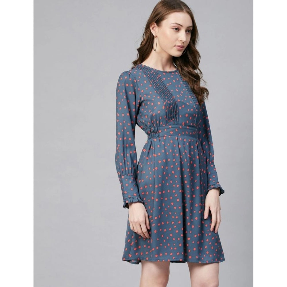 Women'S Polyester Polka Long Sleeves Above Knee Dress (Grey