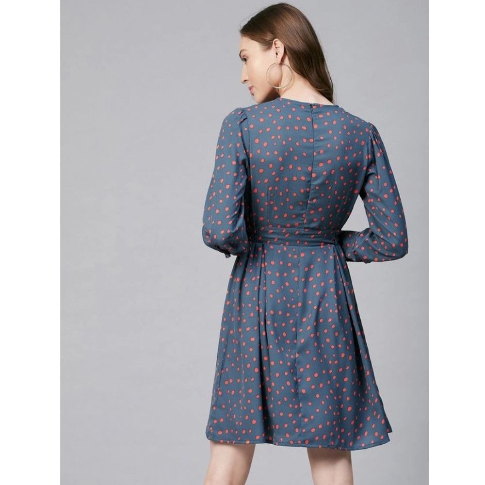 Women'S Polyester Polka Long Sleeves Above Knee Dress (Grey