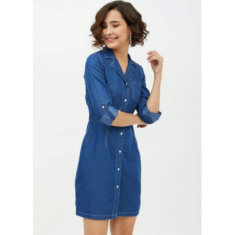 Women'S Denim Solid Long Sleeves Above Knee Dress (Blue)