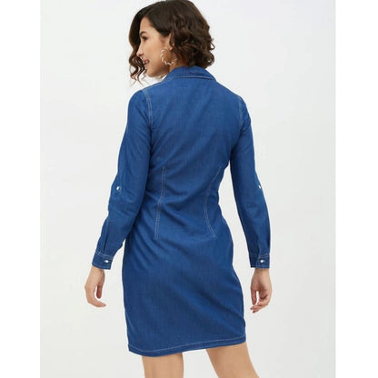 Women's Denim Solid Long Sleeves Above Knee Dress (Blue)