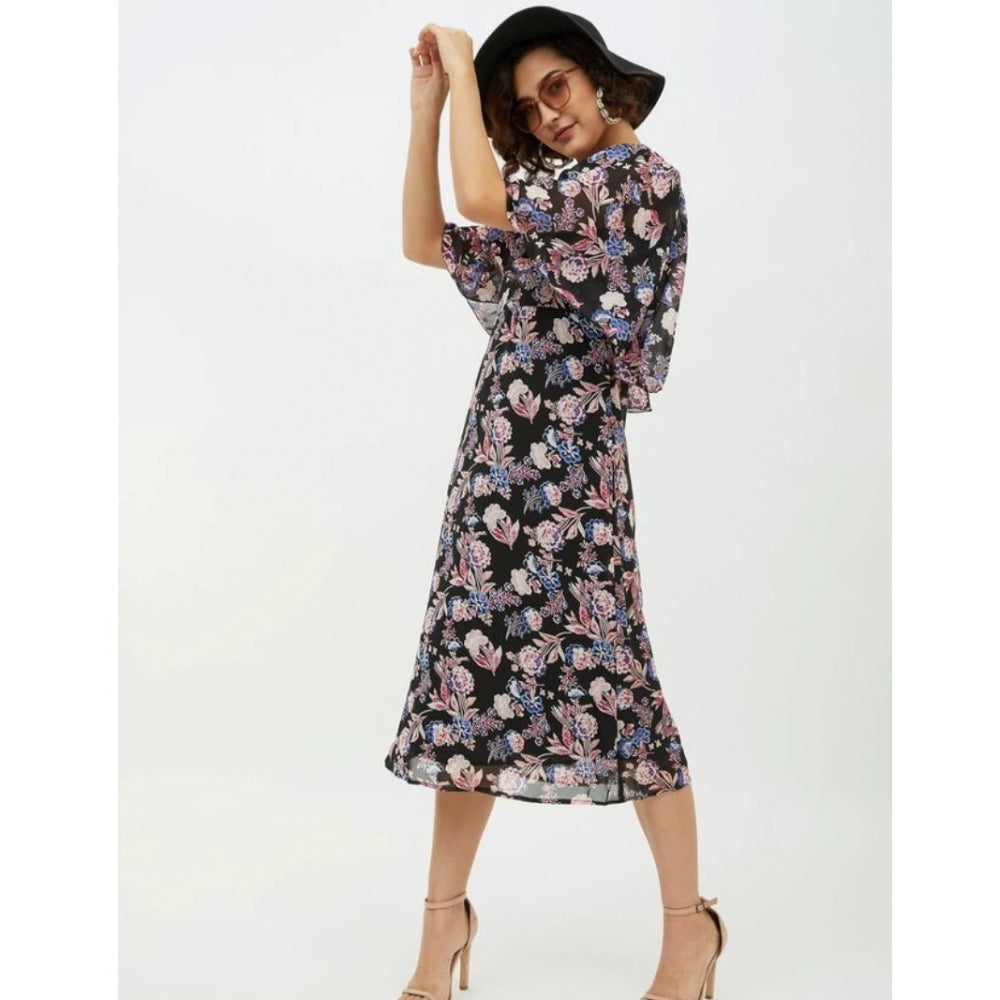 Women'S Polyester Chain Print Cap Sleeve Calf-Length Dress (Mu
