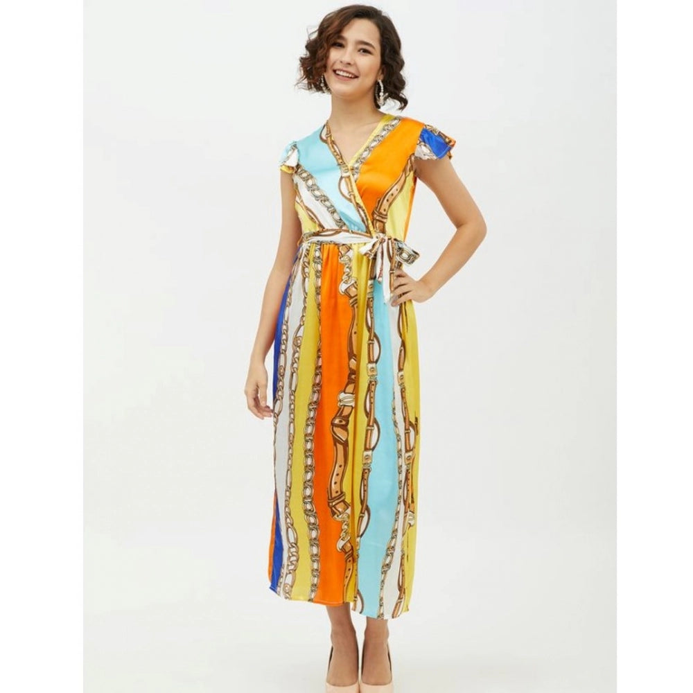 Women'S Satin Chain Print Cap Sleeve Calf-Length Dress (Multic
