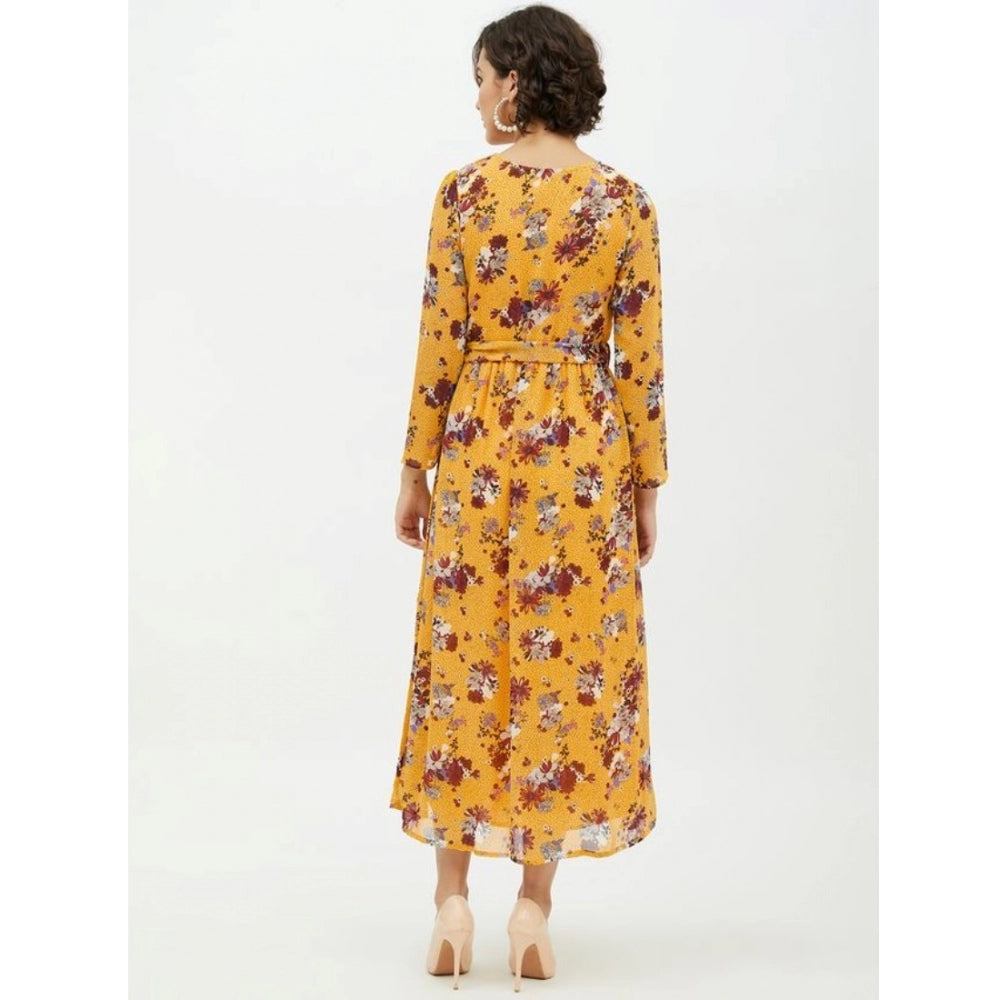 Women'S Polyester Floral Long Sleeves Calf-Length Dress (Multi