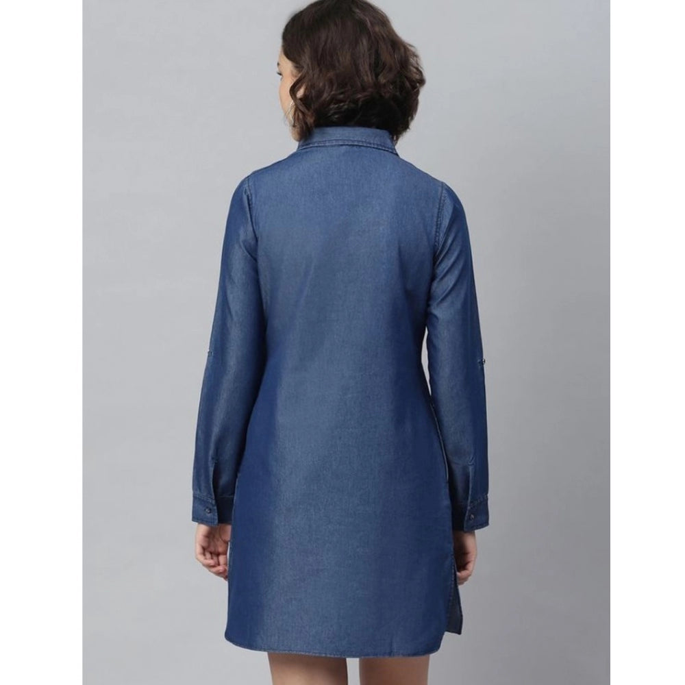 Women'S Denim Solid Long Sleeves Above Knee Dress (Navy Blue)