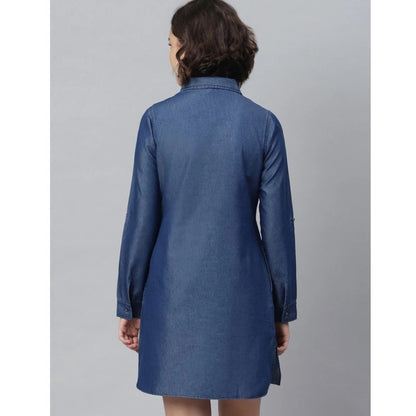 Women's Denim Solid Long Sleeves Above Knee Dress (Navy Blue)