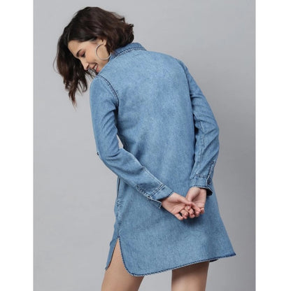 Women's Denim Solid Long Sleeves Above Knee Dress (Ice Blue)