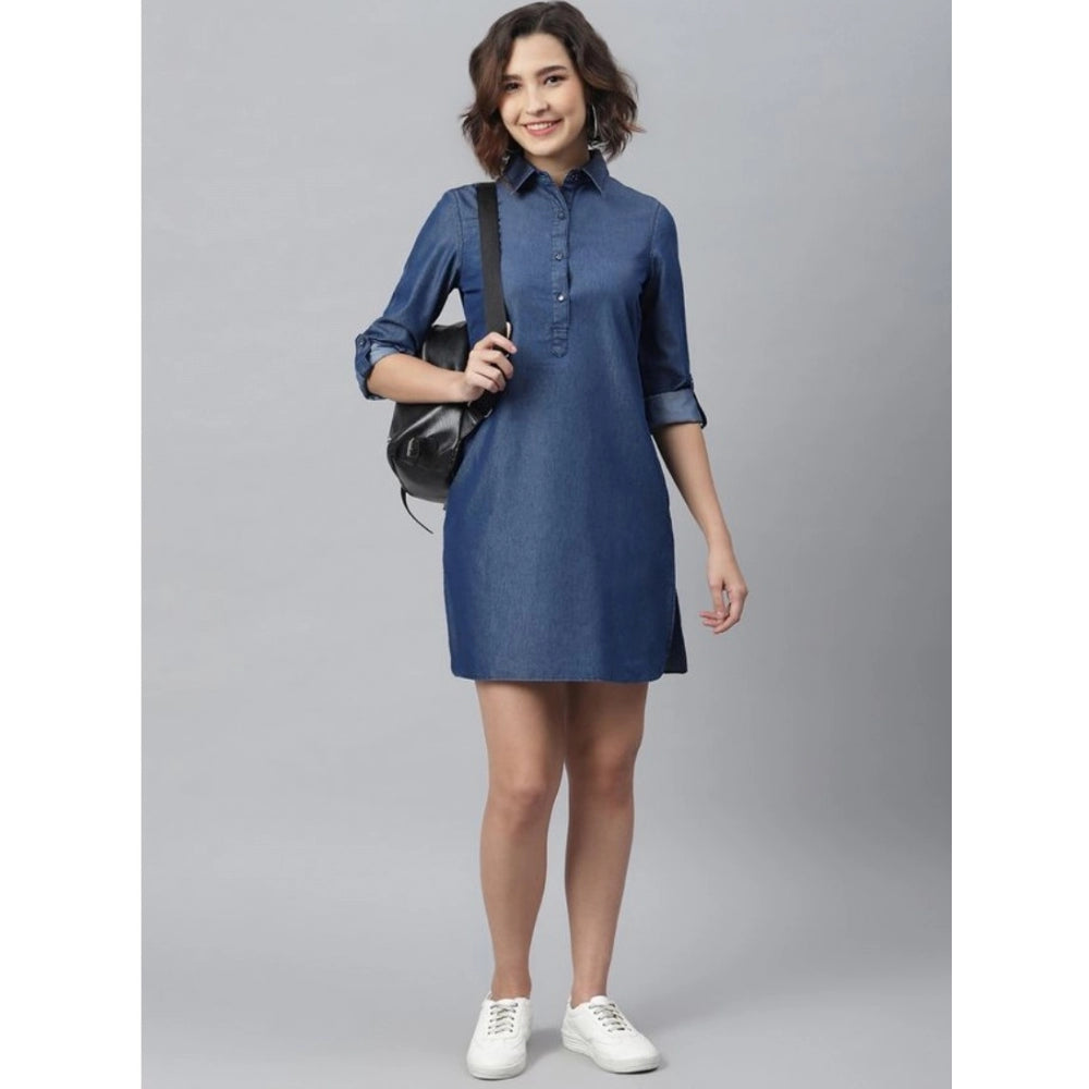 Women'S Denim Solid Long Sleeves Above Knee Dress (Navy Blue)