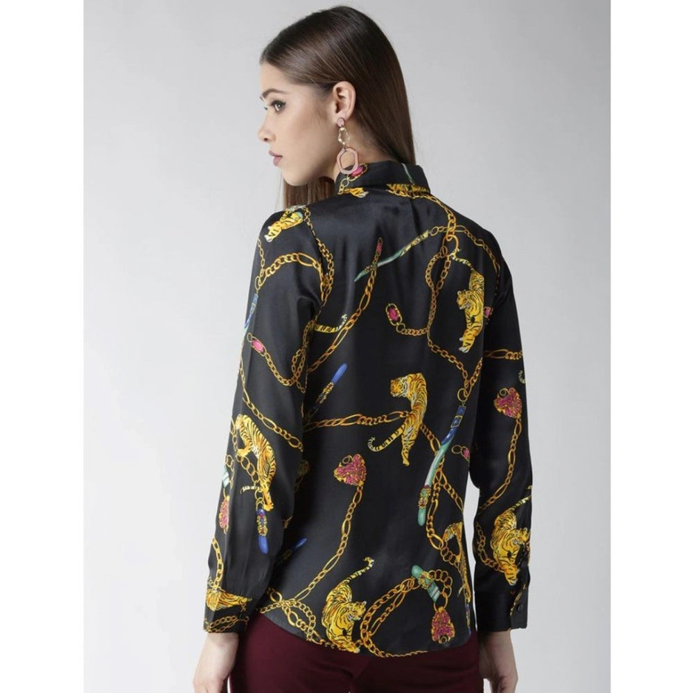 Women'S Satin Printed Long Sleeves Standard Length Shirt (Blac