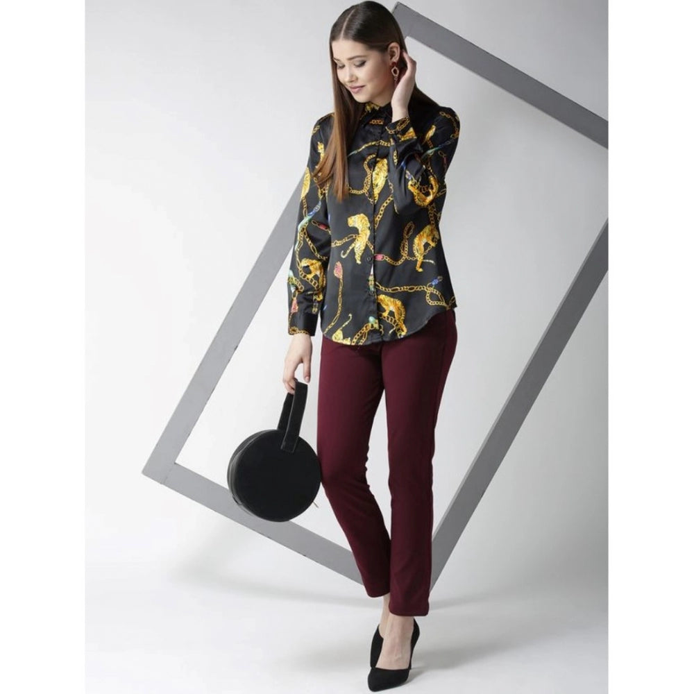 Women'S Satin Printed Long Sleeves Standard Length Shirt (Blac