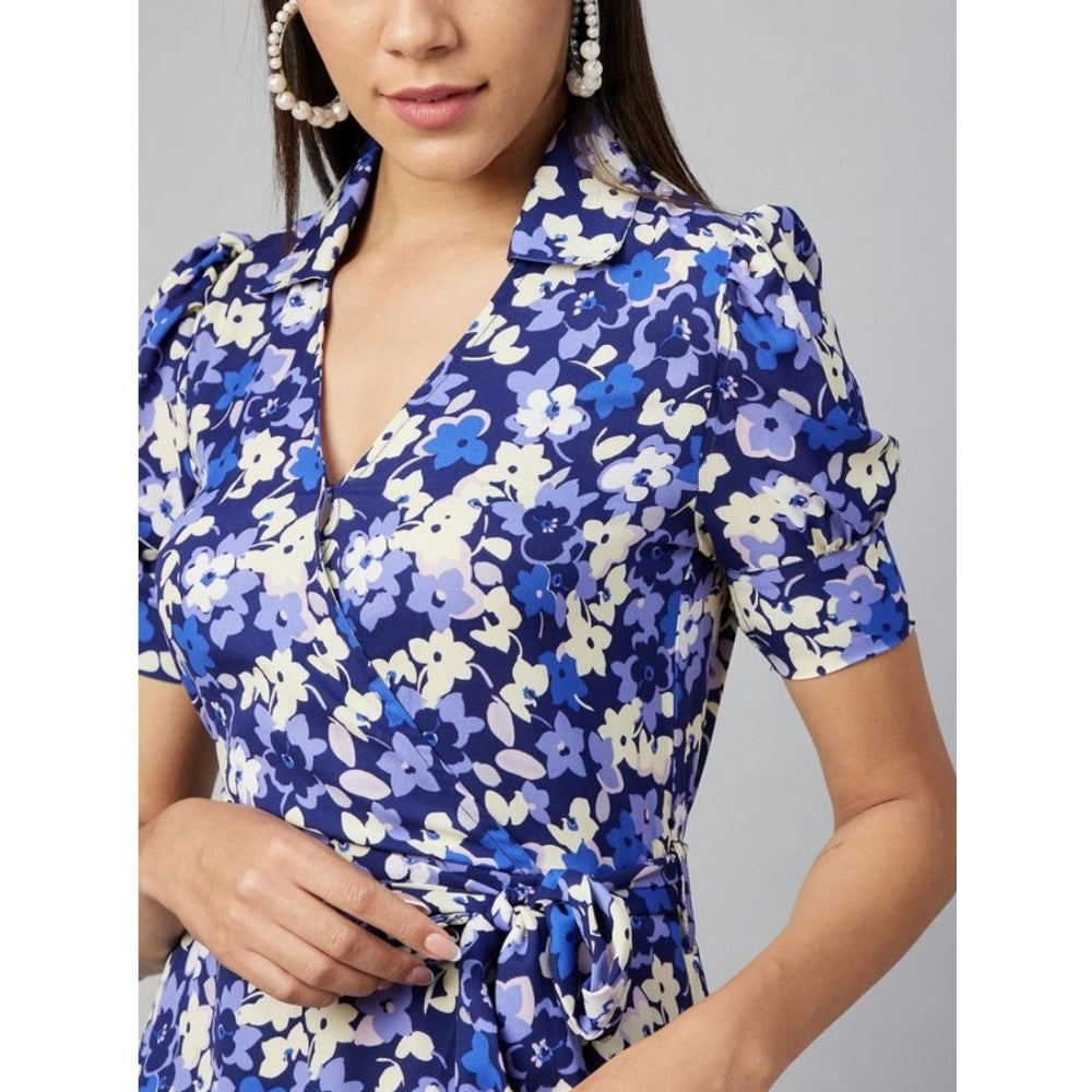 Women'S Polyester Floral Short Sleeve Above Knee Dress (Blue