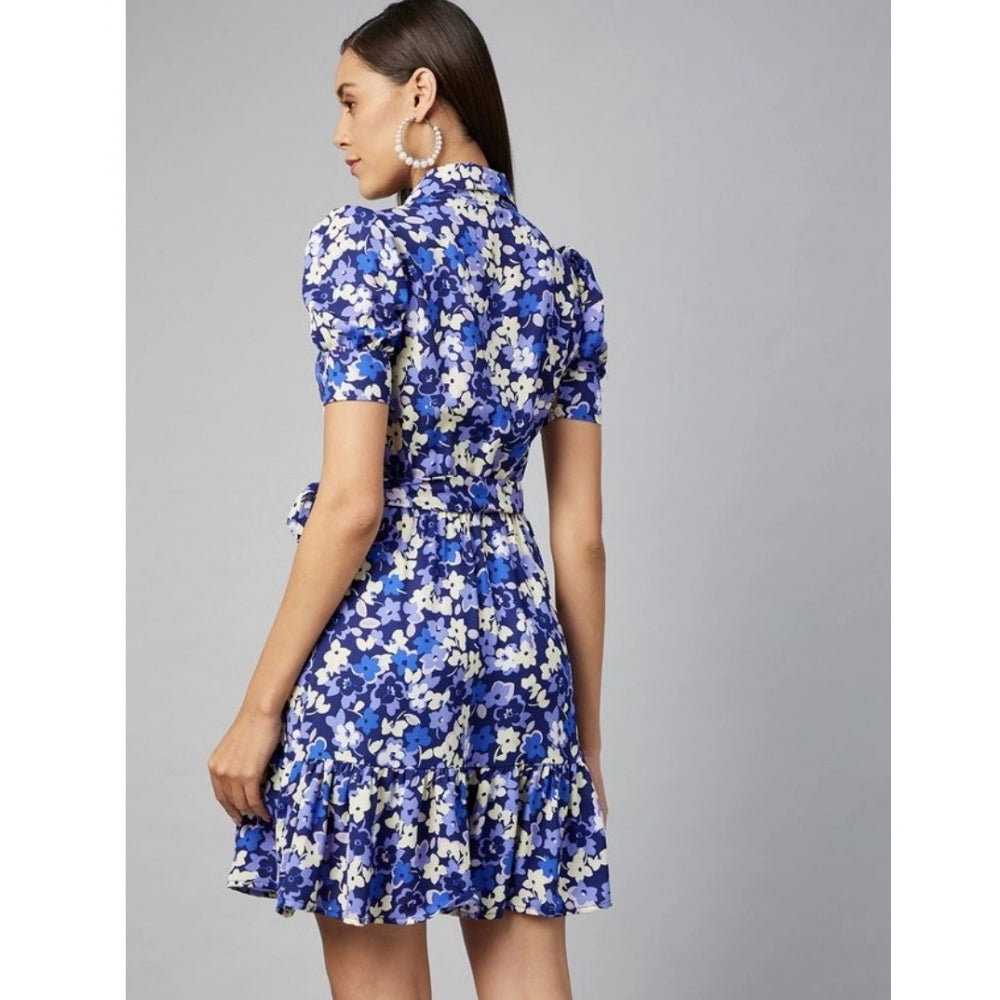 Women'S Polyester Floral Short Sleeve Above Knee Dress (Blue