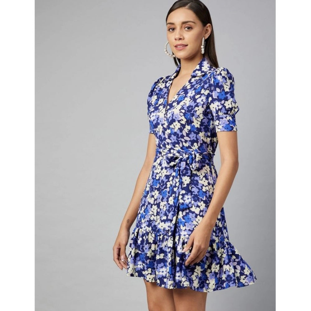 Women'S Polyester Floral Short Sleeve Above Knee Dress (Blue