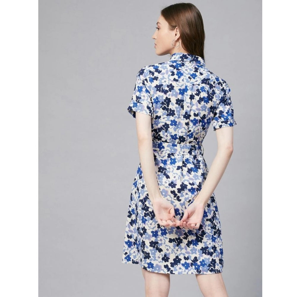 Women'S Polyester Floral Short Sleeve Above Knee Dress (Blue