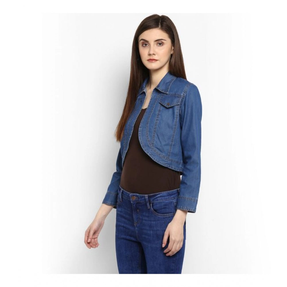 Women'S Denim Solid 3-4Th Sleeves Shrug (Blue)