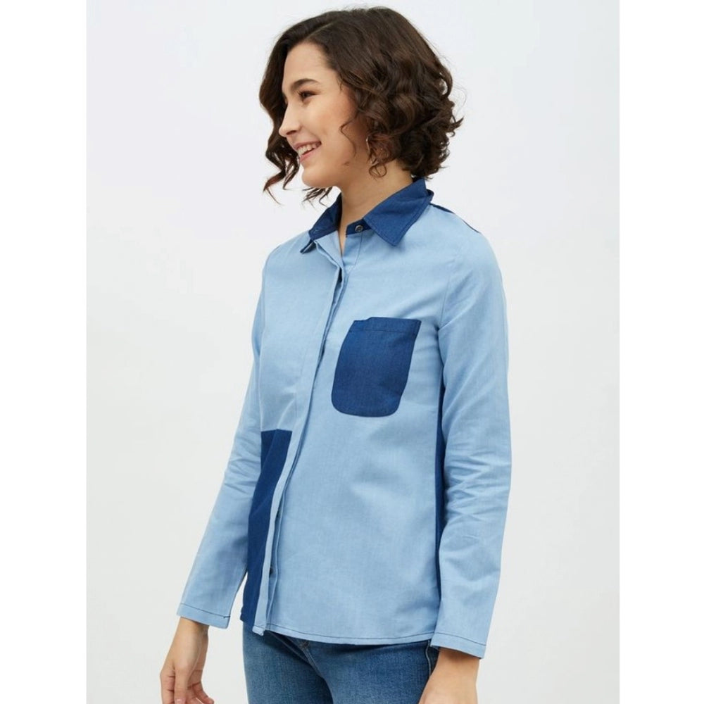 Women'S Denim Patch Work Long Sleeves Standard Length Shirt (B