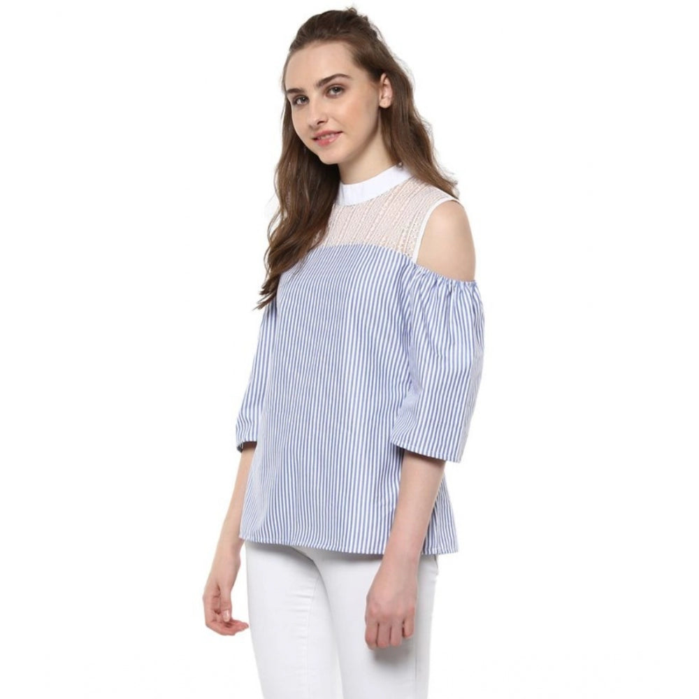 Women'S Cotton Striped Cold Shoulder Top (Blue)