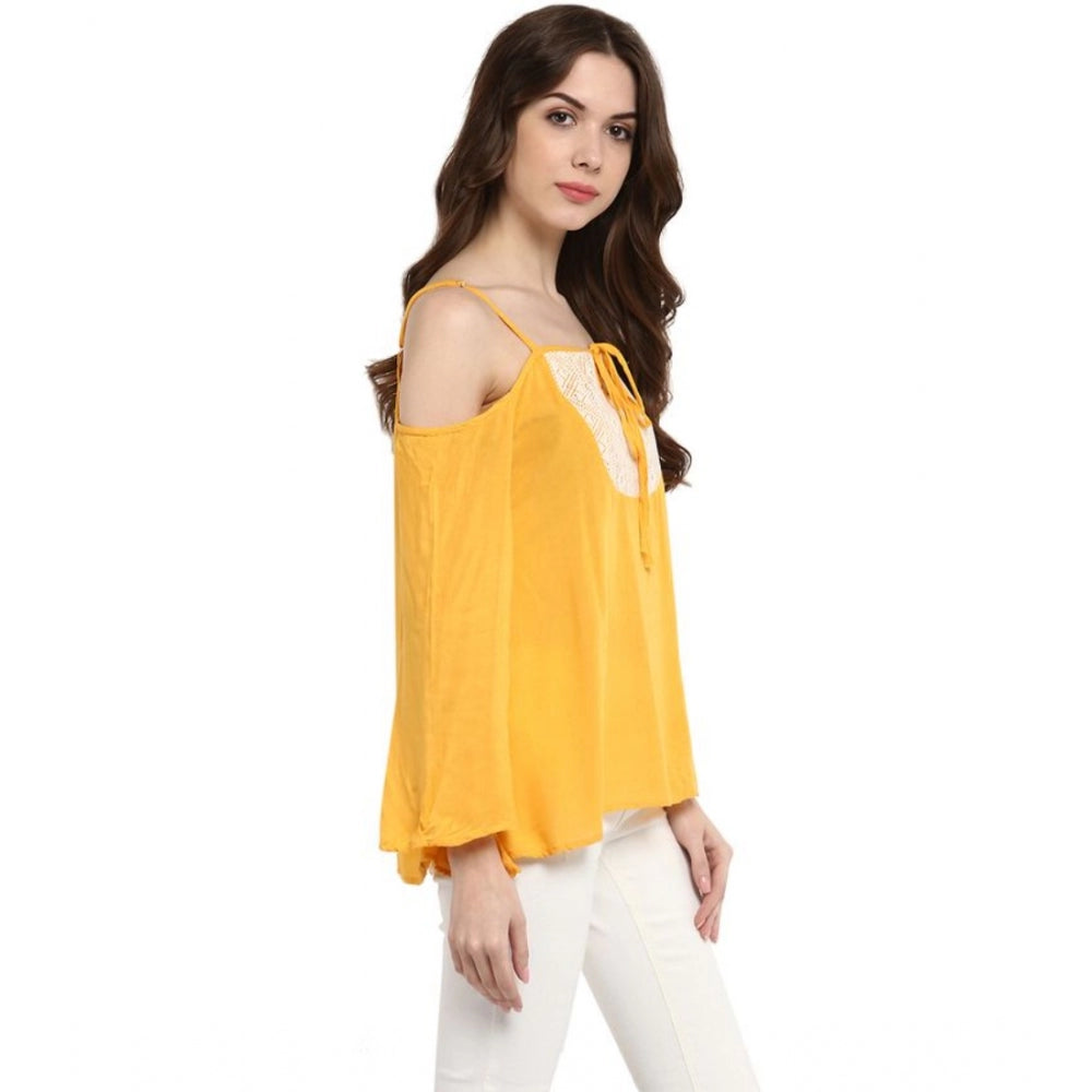 Women'S Rayon Embellished Cold Shoulder Regular Top (Mustard Y