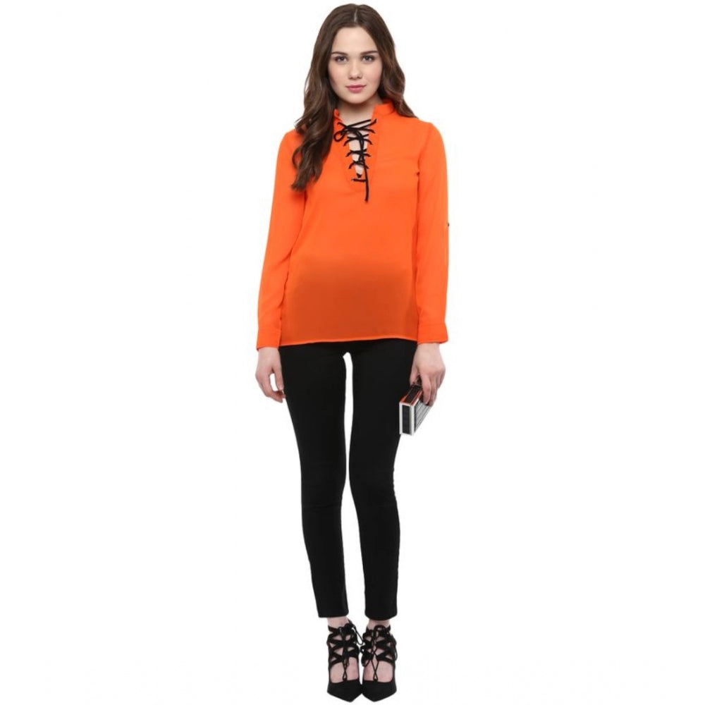 Women'S Polyester Solid Long Sleeves Regular Top (Orange)