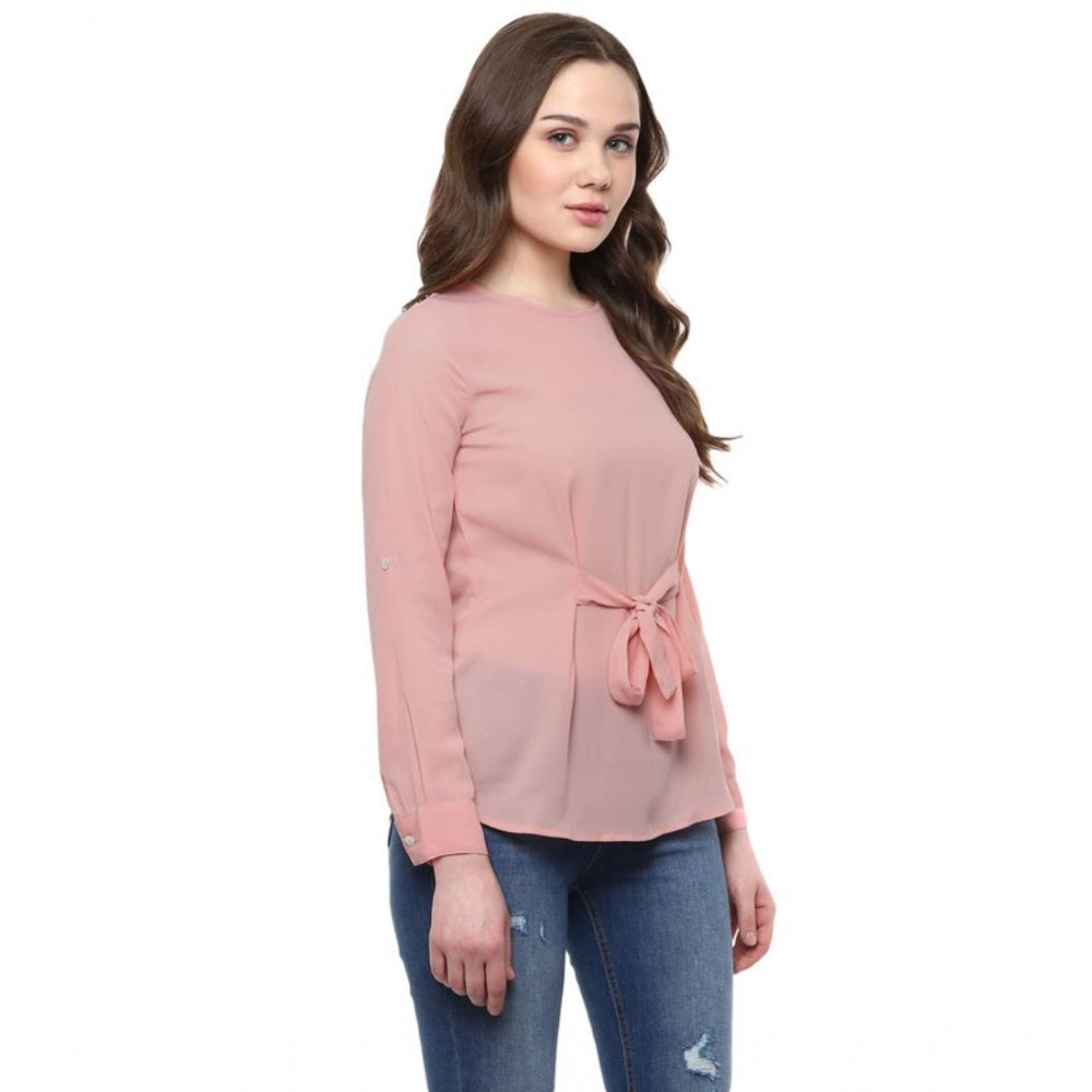 Women'S Polyester Solid Long Sleeves Regular Top (Pink)