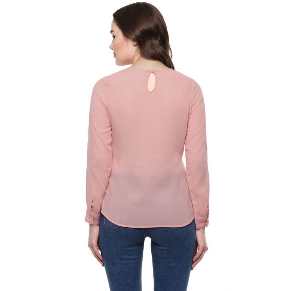 Women'S Polyester Solid Long Sleeves Regular Top (Pink)