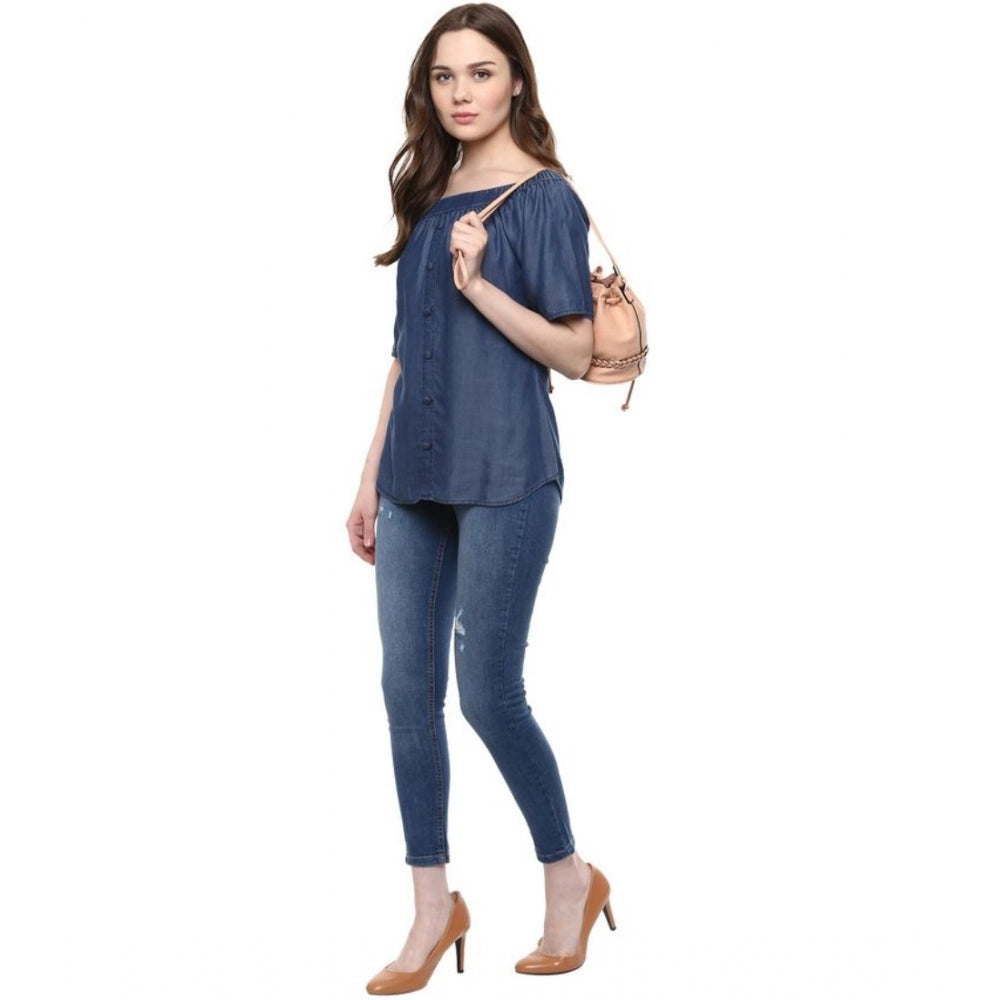 Women'S Denim Solid Short Sleeve Regular Top (Blue)