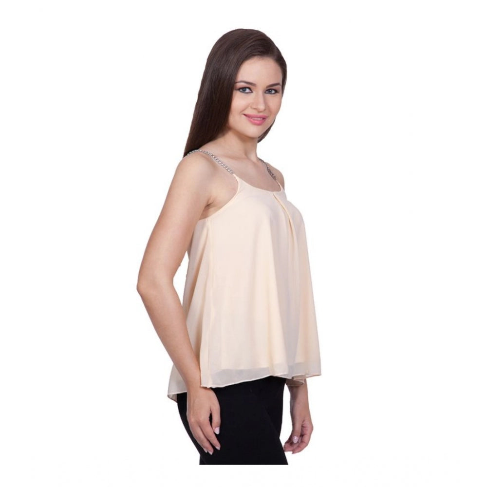 Women'S Polyester Solid Shoulder Straps Regular Top (Beige)