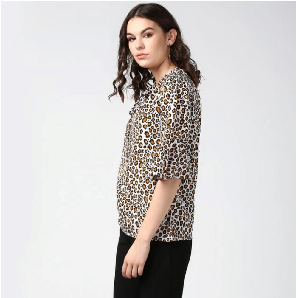 Women'S Polyester Animal Print Bell Sleeve Top (Orange - Black