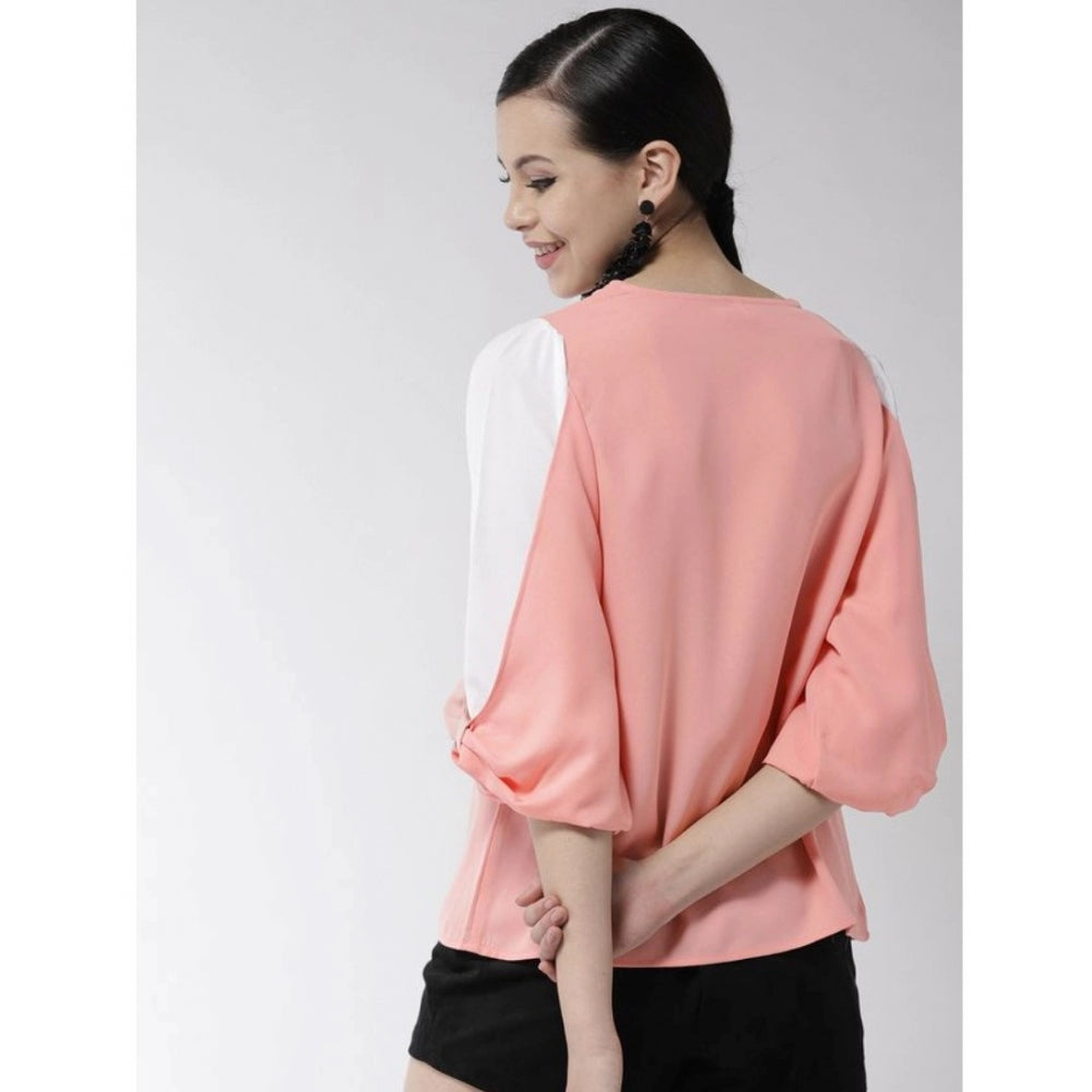 Women'S Polyester Colour Block Slit Sleeve Top (Pink)